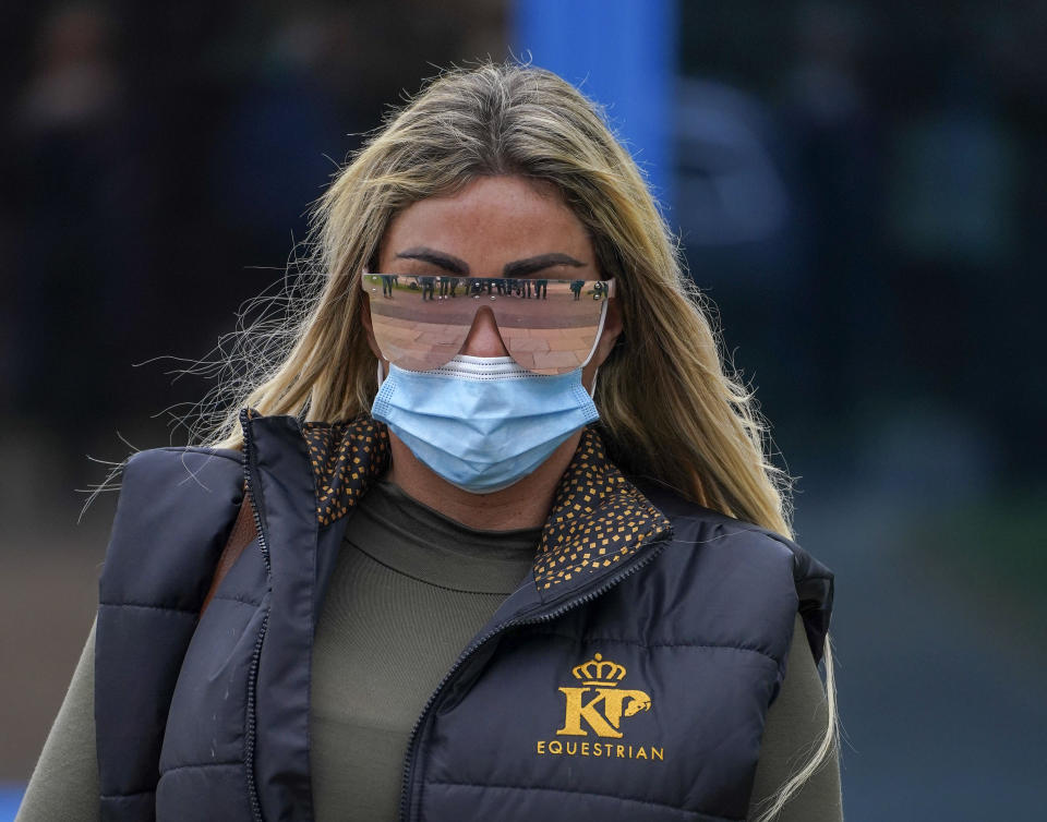 Katie Price leaves Crawley Magistrates' Court in West Sussex, where she is appearing charged with harassment - breach of a restraining order. Picture date: Wednesday April 27, 2022.