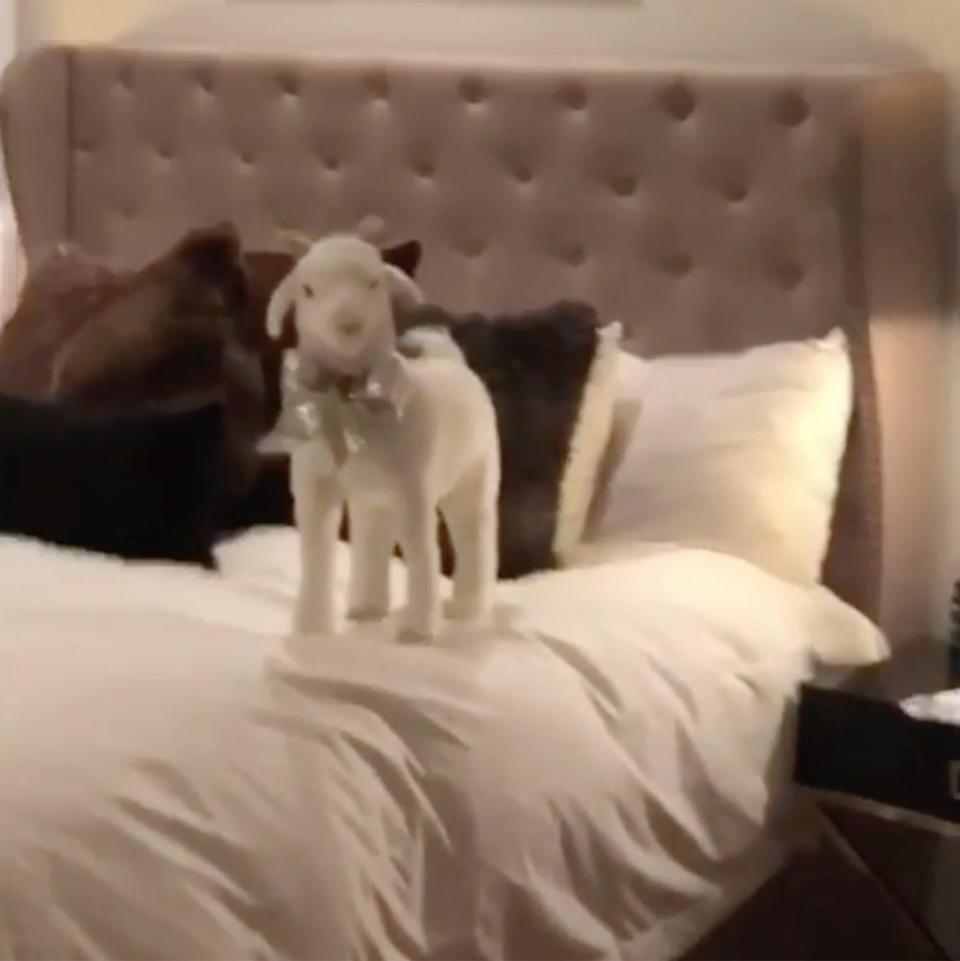 The stuffed animal goat on Vonn's bed