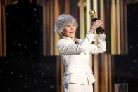 Jane Fonda accepts the Cecil B. DeMille Award in this handout photo from the 78th Annual Golden Globe Awards in Beverly Hills