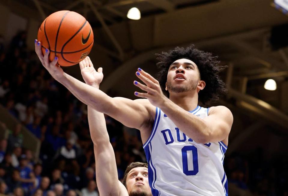 Duke’s Jared McCain (0) heads to the basket during the second half of Duke’s 92-54 victory over Dartmouth at Cameron Indoor Stadium in Durham, N.C., Monday, Nov. 6, 2023.