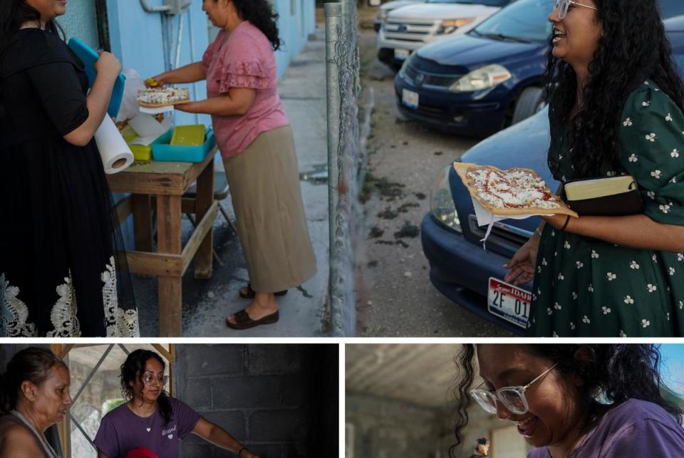 Top: Claudia González speaks with church members after Sunday service. Bottom left: González and her mother, Guadalupe González, prepare breakfast at their home. Bottom right: González holds her chick, Mushito.