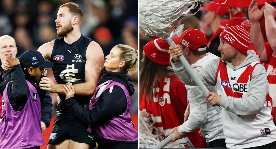 Pictured left Harry McKay and right Swans fans