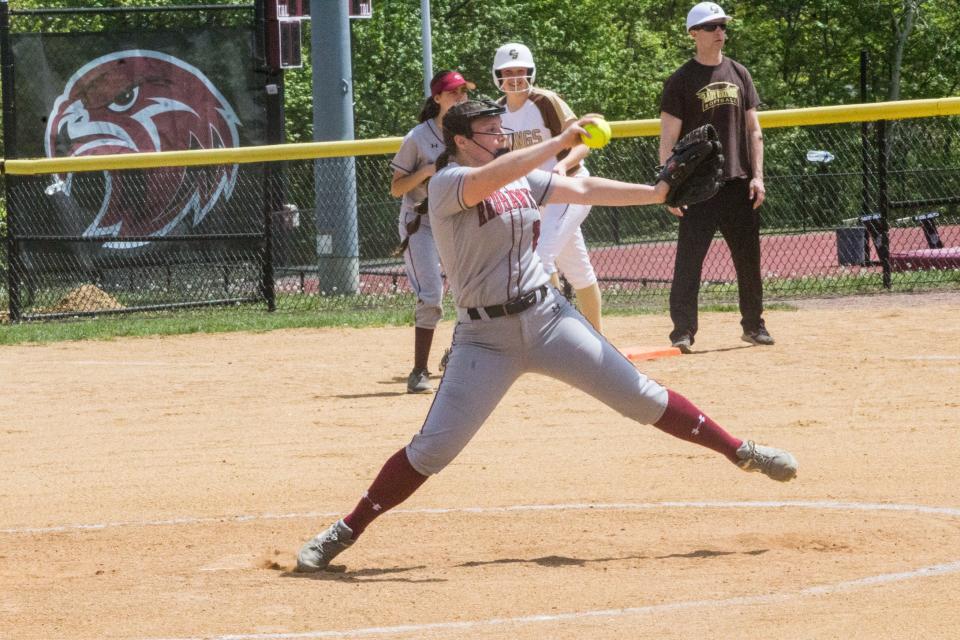 Nyack pitcher Gianna Longo winds up during the Nyack Red and Black Tournament third-place game on Sunday, May 7, 2023.