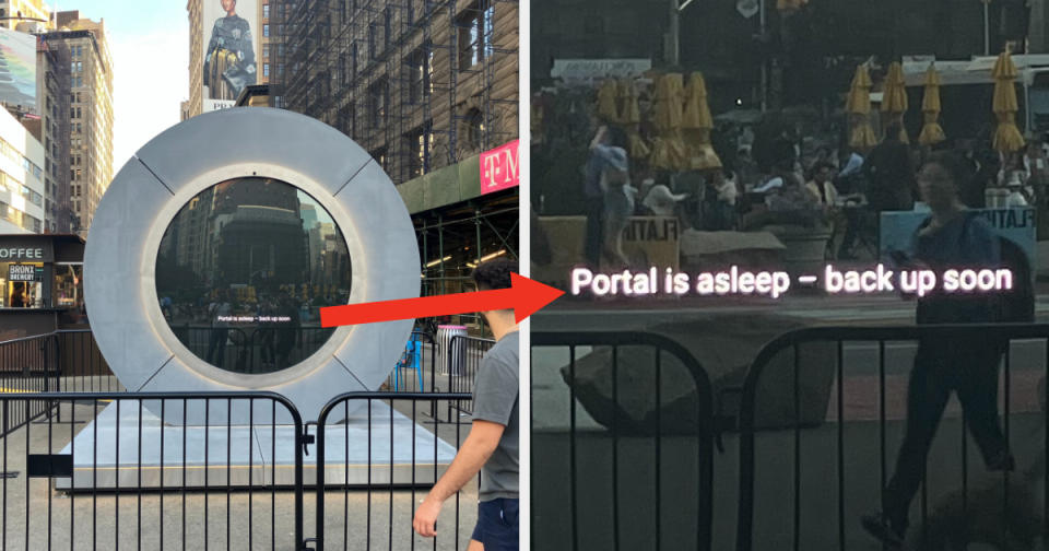 Circular mirror-like structure with an arrow towards "Portal is asleep - back up soon" in urban setting