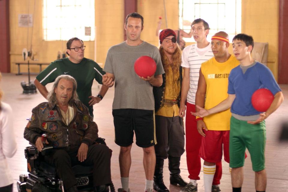 Rip Torn, Stephen Root, Vince Vaughn, Alan Tudyk, Joel David Moore, Chris Williams and Justin Long in ‘Dodgeball' (Fox)