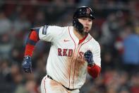 Boston Red Sox's Wilyer Abreu runs on his RBI triple during the fourth inning of a baseball game against the San Francisco Giants, Tuesday, April 30, 2024, in Boston. (AP Photo/Michael Dwyer)