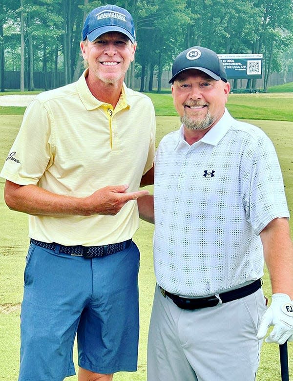 Steve Stricker (left), multiple PGA winner on the men's tour, is all smiles hanging out with Honesdale Golf Club standout Eric Williams at the 2023 US Senior Men's Open.