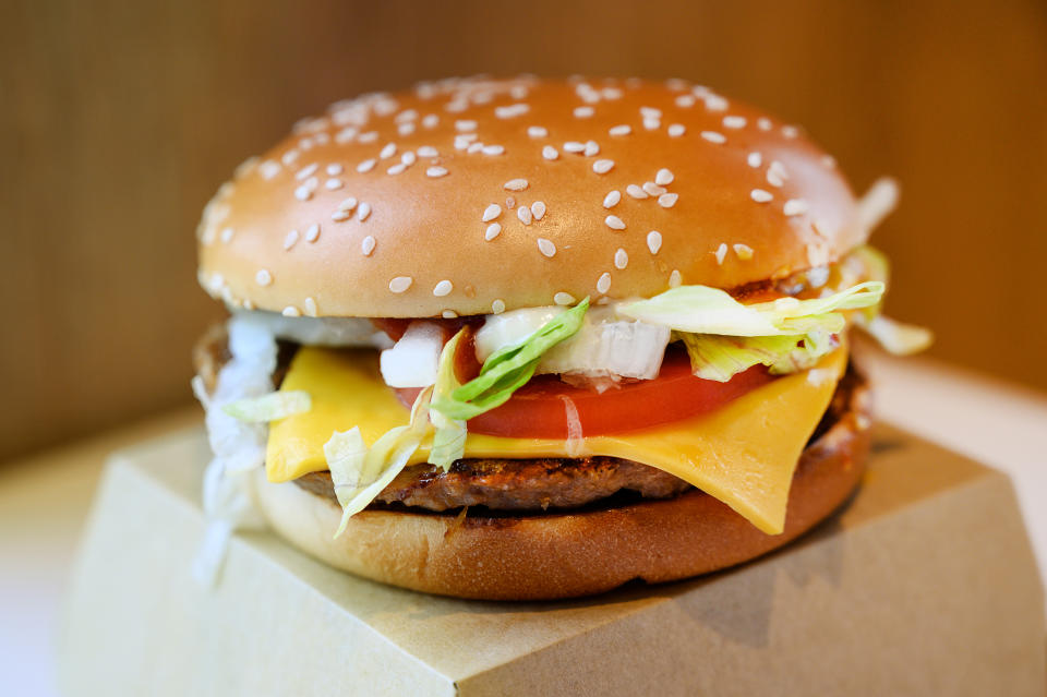 A McDonald's "PLT" burger with a Beyond Meat plant-based patty at one of 28 test restaurant locations in London, Ontario, Canada October 2, 2019. REUTERS/Moe Doiron