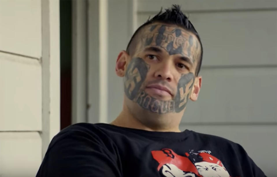  Coey “The Rogue” Irwin from the Mongrel Mob hopes to be a role model despite his swastika facial tattoos.