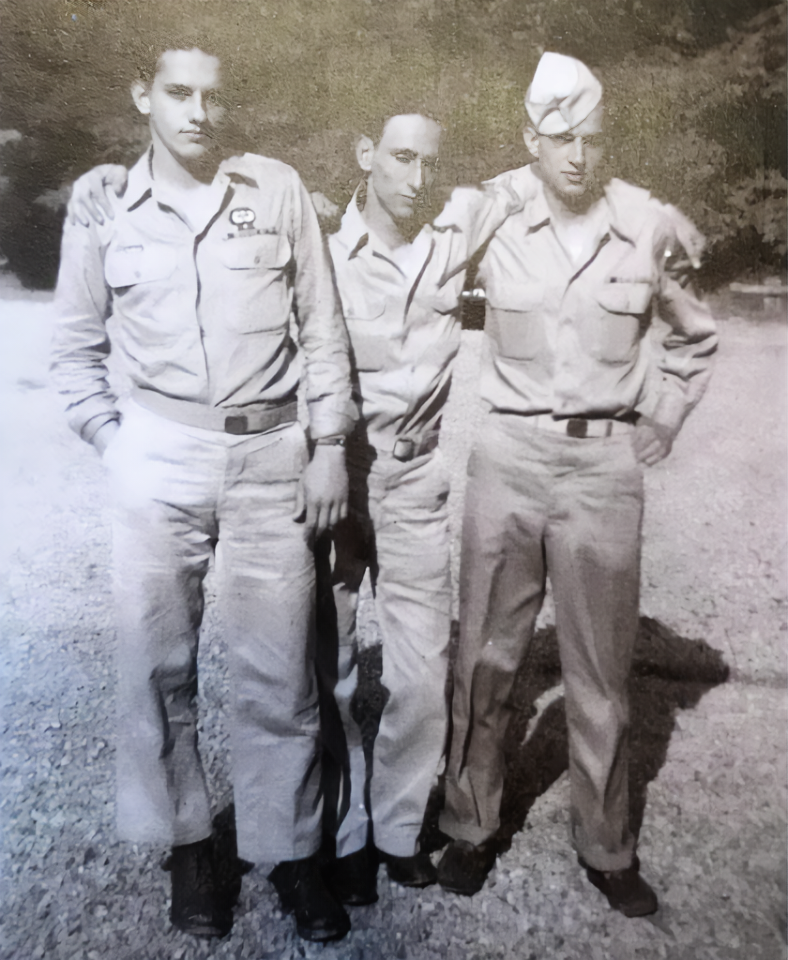 Pete Jedick (far right) with his brothers, John Jedick (center) and Andy Jedick (far right), in 1942 or 1943.