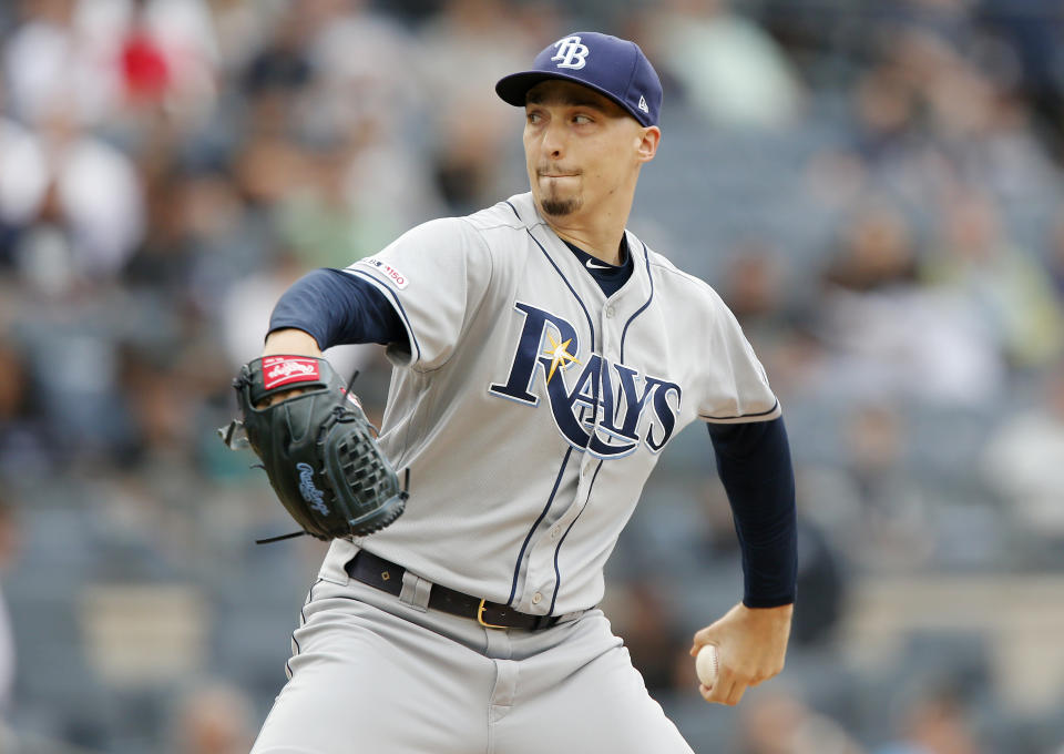 NEW YORK, NEW YORK - JUNE 19:   Blake Snell #4 of the Tampa Bay Rays in action against the New York Yankees at Yankee Stadium on June 19, 2019 in New York City. The Yankees defeated the Rays 12-1.  (Photo by Jim McIsaac/Getty Images)