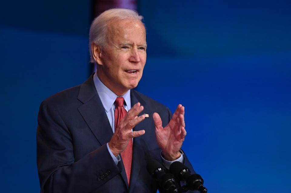 Democratic presidential candidate Joe Biden speaks on healthcare at The Queen in Wilmington, Delaware, on October 28, 2020. - Democrat Joe Biden leads President Donald Trump in the polls with less than a week to go before the US election. The debates are over, tens of millions of Americans have cast their ballots already and the 77-year-old former vice president would appear to be on a glide path to the White House. (Photo by JIM WATSON / AFP) (Photo by JIM WATSON/AFP via Getty Images)