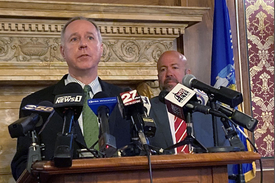 FILE - Wisconsin Assembly Speaker Robin Vos speaks at the Capitol in Madison, on July 27, 2021. Wisconsin Assembly Speaker Robin Vos said Tuesday, March 15, 2022, he is meeting with advocates for decertifying President Joe Biden's win in the battleground state, hours before he and the state Senate's top Republican were to discuss the topic with county GOP leaders. (AP Photo/Scott Bauer, File)