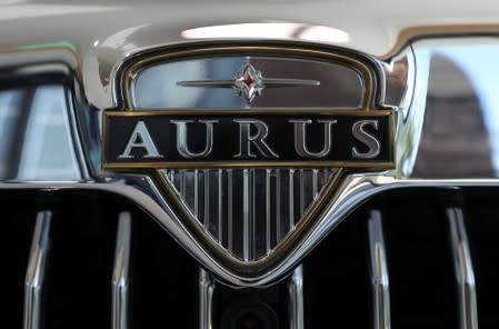 A view shows the logo of Russia's very first luxury car brand Aurus at a showroom in Moscow