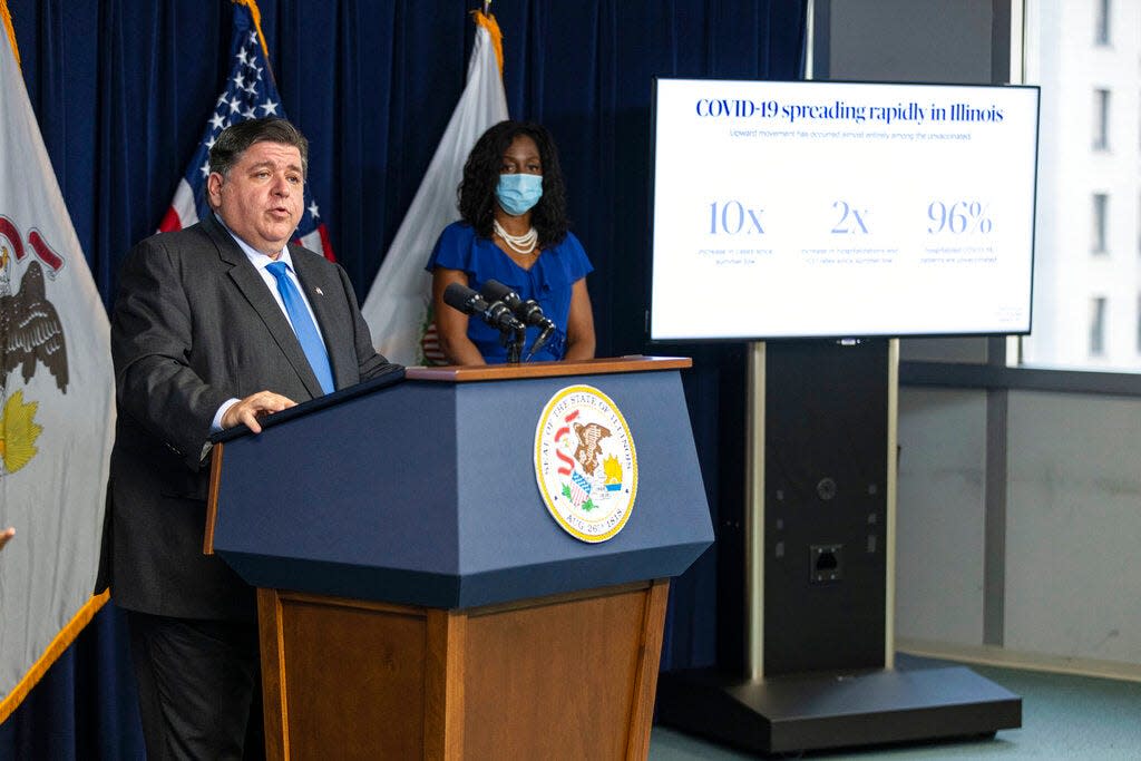 Illinois Gov. J.B. Pritzker speaks about new mask mandates for schools, state employees and long term care facilities during a COVID-19 press conference at the Thompson Center, Wednesday, Aug. 4, 2021, in Chicago.