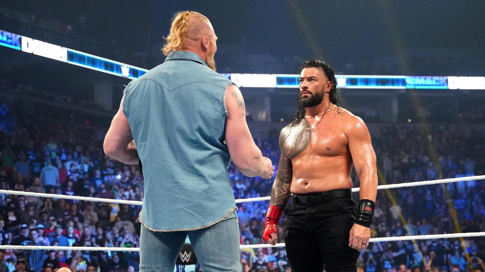 Brock Lesnar and Roman Reigns come face to face on “SmackDown.” - Credit: WWE