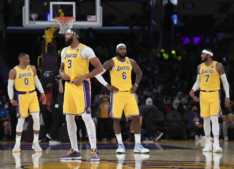 LOS ANGELES, CA - OCTOBER 12: Anthony Davis #3 Carmelo Anthony #7, LeBron James #6 and Russell Westbrook #0 of the Los Angeles Lakers on the basketball court together during the second half of a preseason basketball game against the Golden State Warriors at Staples Center on October 12, 2021 in Los Angeles, California. NOTE TO USER: User expressly acknowledges and agrees that, by downloading and/or using this Photograph, user is consenting to the terms and conditions of the Getty Images License Agreement. (Photo by Kevork Djansezian/Getty Images)