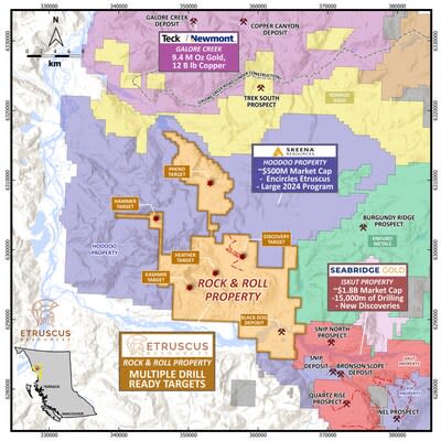 Map of Etruscus’ Rock & Roll Property with Surrounding Exploration Companies (CNW Group/Etruscus Resources Corp.)