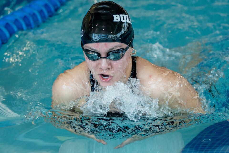 Jan 20, 2024; Wayne, NJ, USA; Francesca Cordero from Passaic Tech takes first in the girls 100 yard breaststroke during the Passaic County swimming championships at Passaic Tech HS on Saturday.