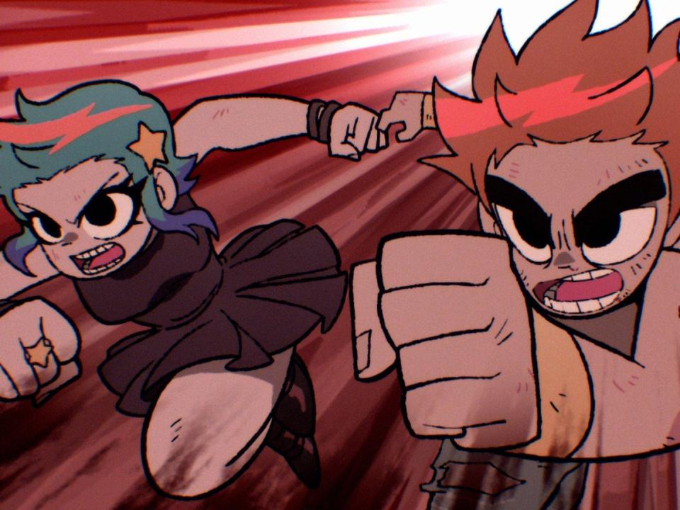 scott pilgrim and ramona flowers running and yelling, their surroundings distorting around them