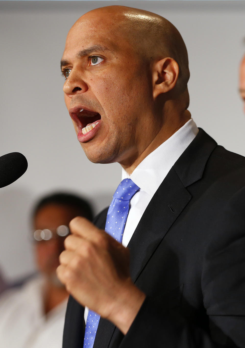 Newark Mayor Cory Booker speaks during a news conference in Newark, N.J. on Saturday, June 8, 2013 to announce his plans to run for the U.S. Senate seat that opened with the death of Frank Lautenberg (D-N.J.). Booker, 44, is currently serving in his second term as mayor. (AP Photo/Rich Schultz)