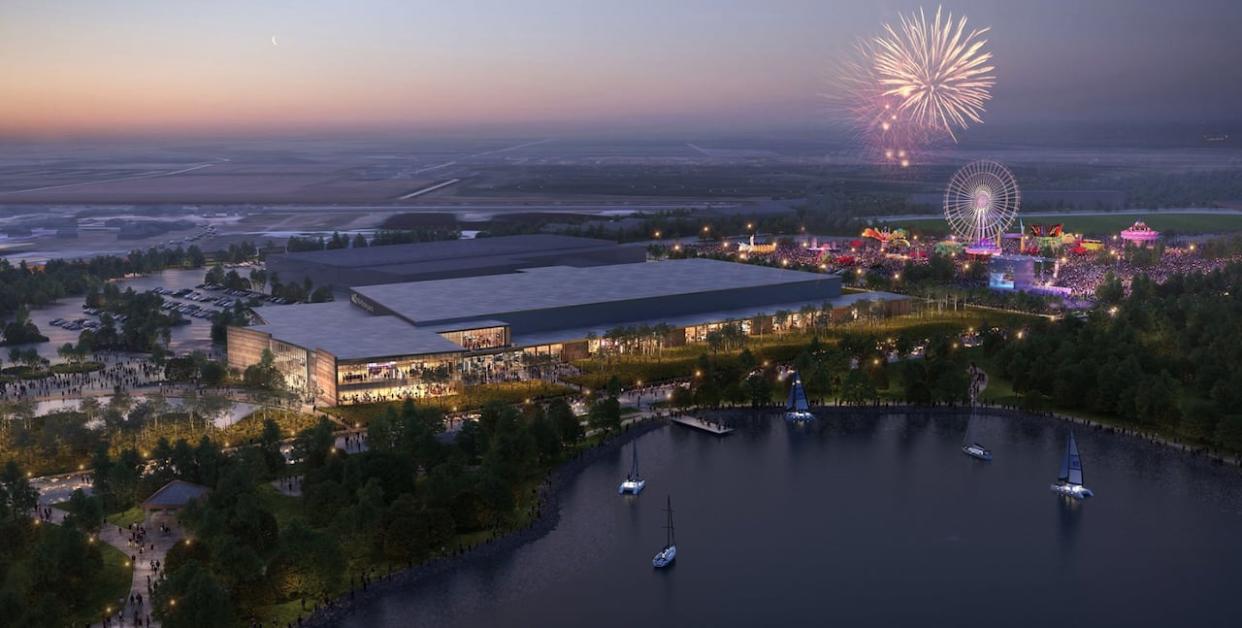 Construction on the Agri-food Hub and Trade Centre in Lethbridge, shown here in a rendering, has gone $7 million over budget, leading the city to provide emergency funding and conduct a review of the finances and structure of the group that runs it.  (Lethbridge Exhibition Park/Facebook - image credit)