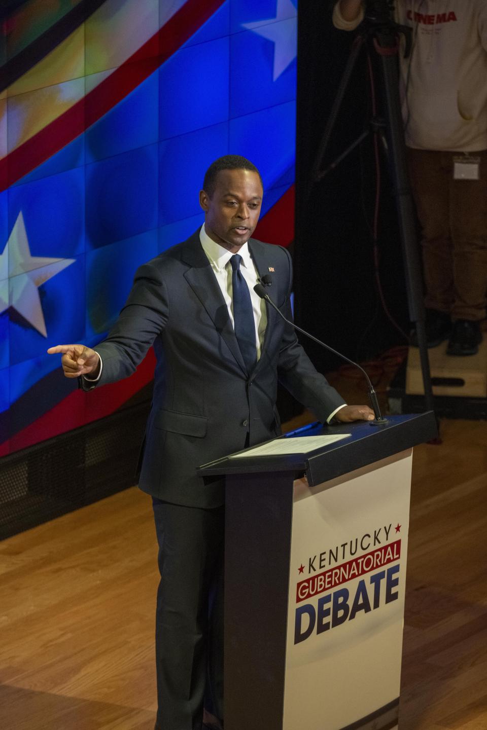 Republican Attorney General Daniel Cameron speaks during a gubernatorial debate against Democratic Gov. Andy Beshear at Northern Kentucky University, in Highland Heights, Ky., Monday, Oct. 16, 2023. (Joe Simon/LINK nky via AP, Pool)