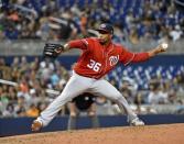 Apr 20, 2019; Miami, FL, USA; Washington Nationals relief pitcher Tony Sipp (36) delivers a pitch in the sixth inning against the Miami Marlins at Marlins Park. Mandatory Credit: Steve Mitchell-USA TODAY Sports