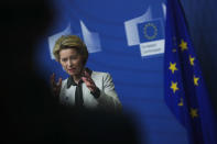 European Commission President Ursula von der Leyen gives a press statement on the European Green Deal at the European Commission headquarters in Brussels, Wednesday, Dec. 11, 2019. In her bid to lead the EU toward climate neutrality, European Commission president Ursula von der Leyen wants to put up 100 billion euros (dollars 130 billion U.S.) to help member countries that still heavily rely on fossil fuels transition to lower emissions. (AP Photo/Francisco Seco)