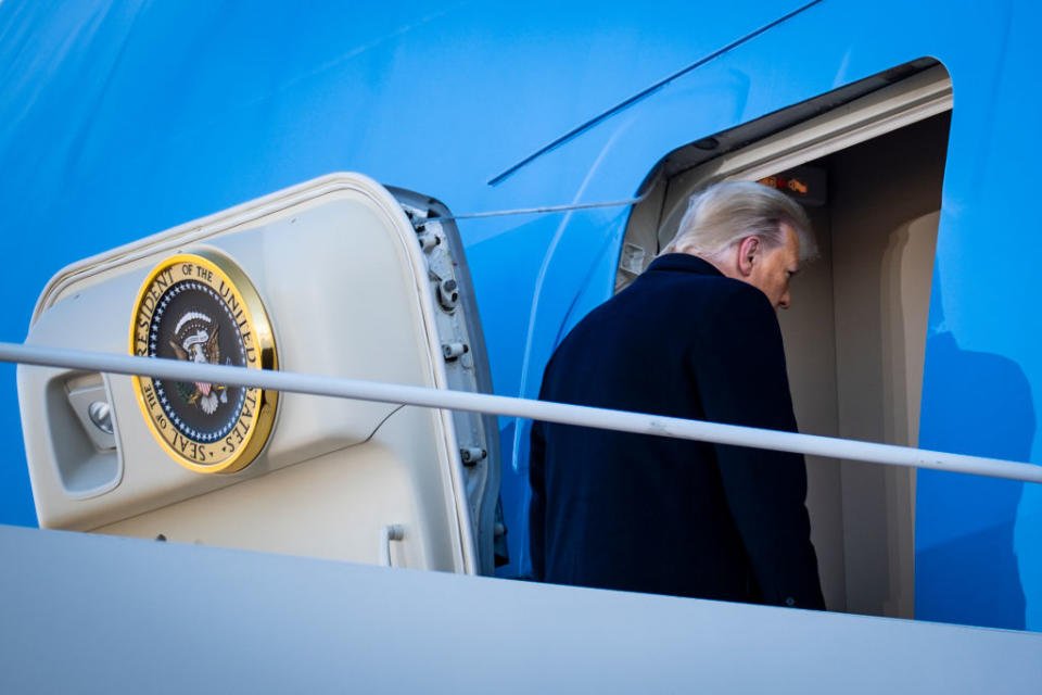 President Donald Trump boards Air Force One for his last time as President on January 20, 2021. Source: Getty