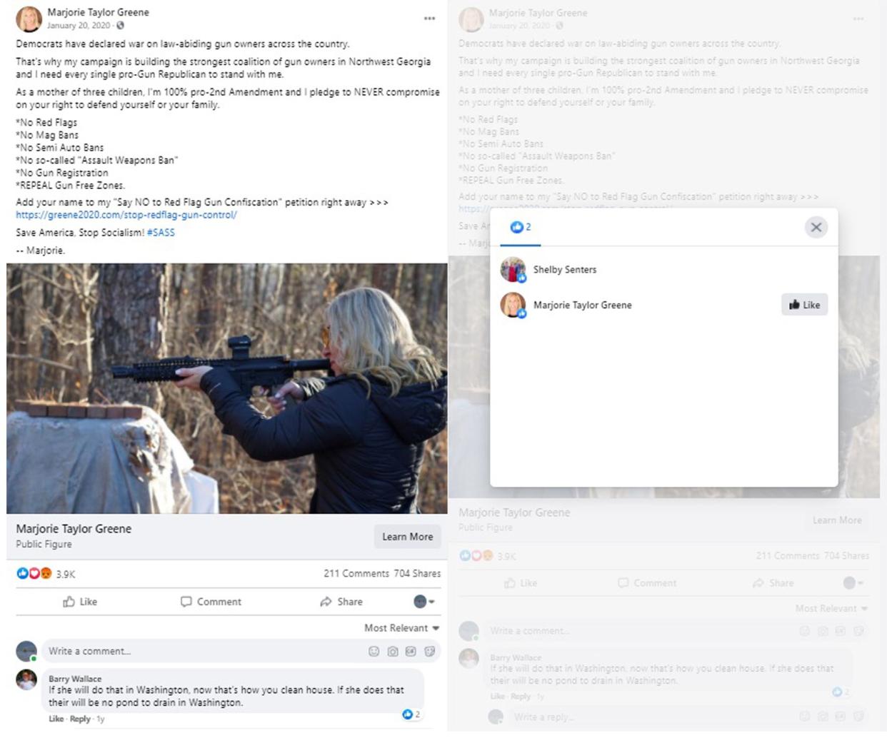 Rep. Marjorie Taylor Greene, R-Georgia, "liked" a Facebook comment that suggested she could use her assault rifle to "clean house" in Washington, D.C.