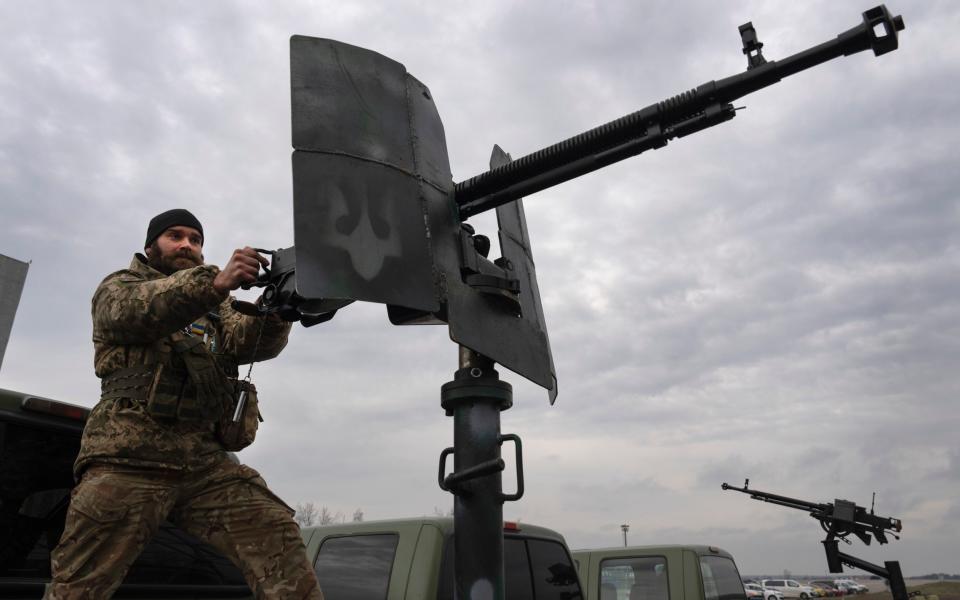 A Ukrainian soldier of a mobile air defence unit demonstrates his skills at the Antonov airport in Hostomel, on the outskirts of Kyiv, Ukraine, Saturday, April 1, 2023. (AP Photo/Efrem Lukatsky) - AP Photo/Efrem Lukatsky