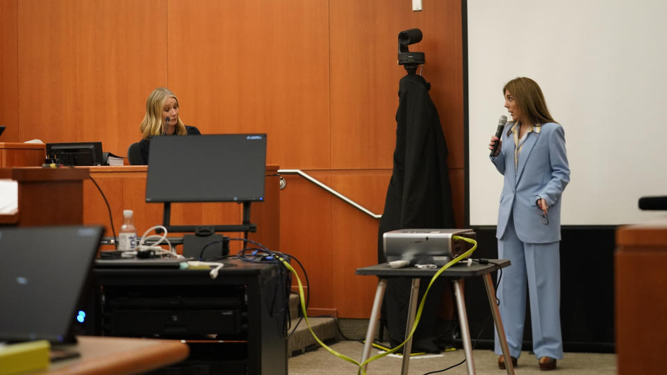 Gwyneth Paltrow, left, testifies during her trial, Friday, March 24, 2023, in Park City, Utah. Paltrow is accused in a lawsuit of crashing into a skier during a 2016 family ski vacation, leaving him with brain damage and four broken ribs. (AP Photo/Rick Bowmer, Pool)