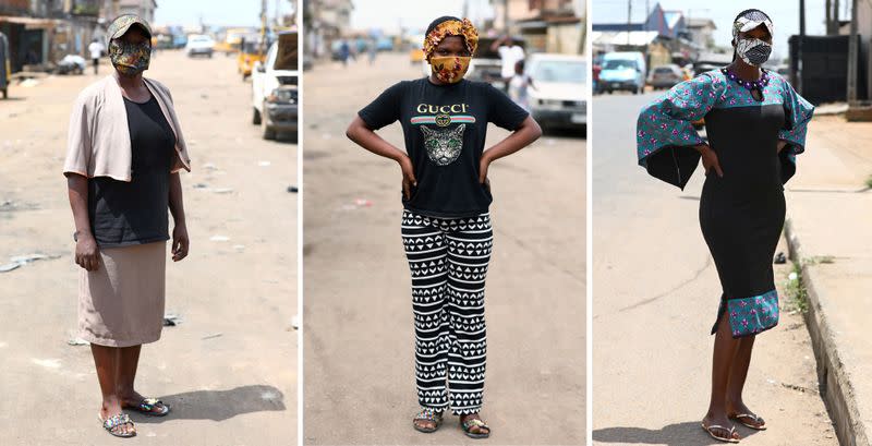 A combination of photos shows women and a student posing for pictures with face masks on in Lagos