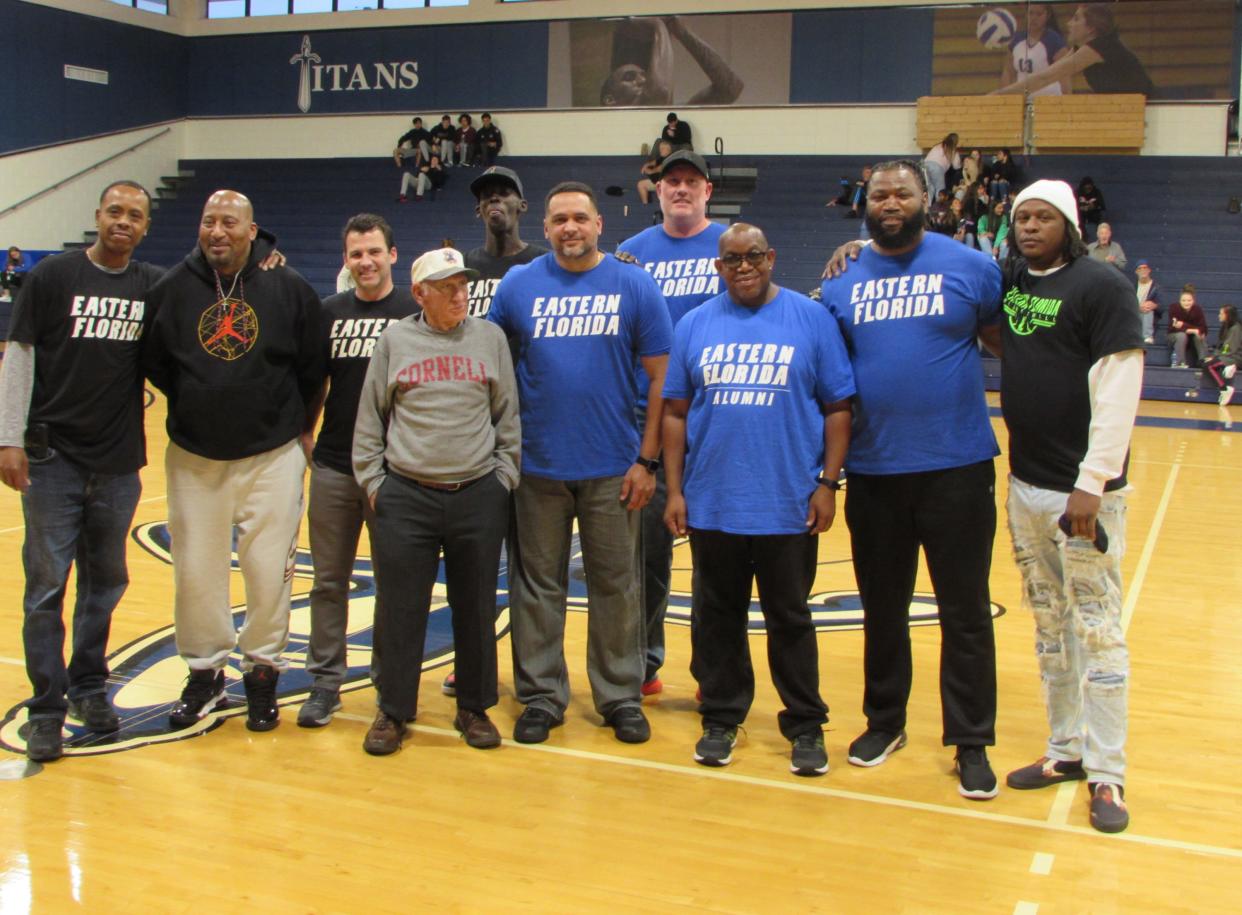 Members of the 1999-2000 Brevard Community College men's basketball team were on hand Jan, 22, 2022, at Titan Field House in Melbourne as the team was honored for winning the NJCAA Region VIII State Tournament title in 2000. Brevard Community College has since been renamed Eastern Florida State College.