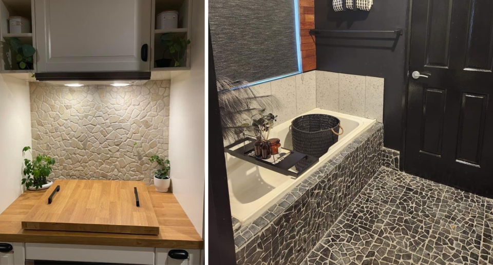 From kitchen splash backs to entire bathrooms, the uses for the Kmart stone tiles appear to be endless. Photos: Facebook/Target, Big W and Kmart Inspired Decor