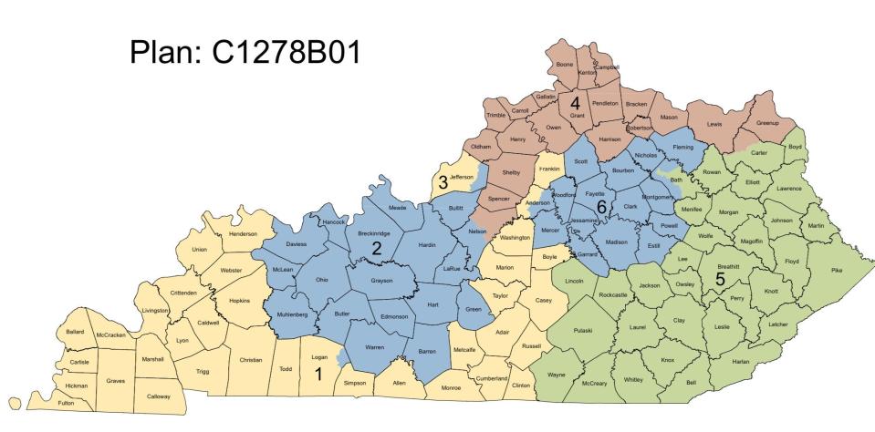 This is the Kentucky Senate GOP's new redistricting map for the state's six congressional districts.