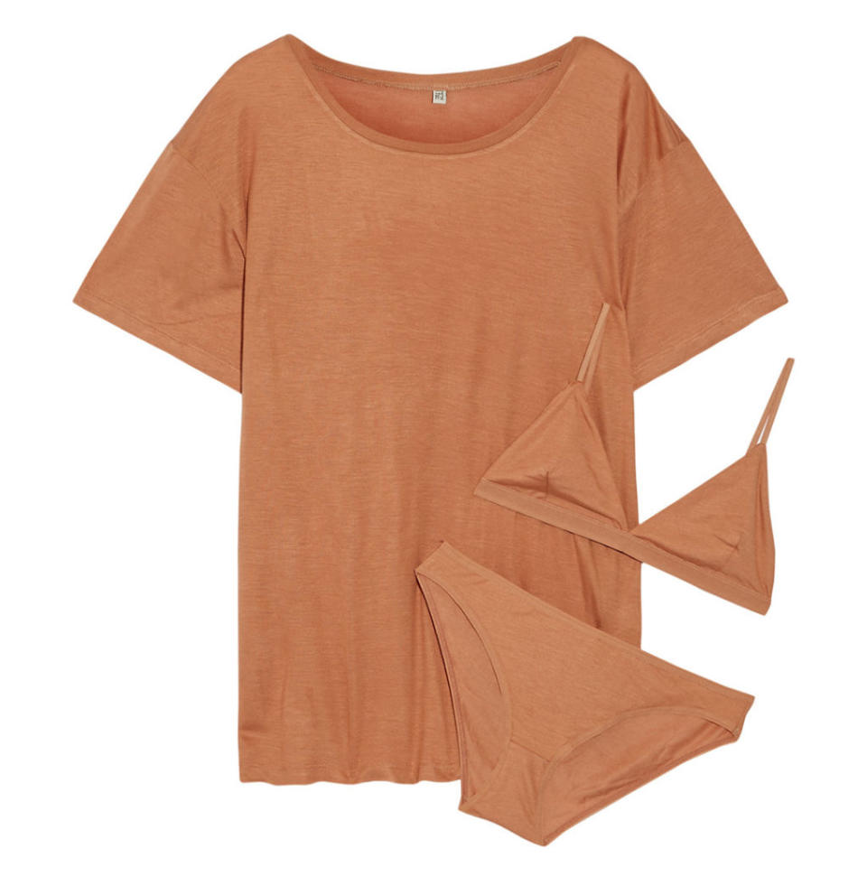 <p>Bamboo-Jersey T-Shirt, Soft-Cup Bra and Briefs Set in Beige by Baserange, $165, <a rel="nofollow noopener" href="https://www.net-a-porter.com/us/en/product/754486/Baserange/bamboo-jersey-t-shirt-soft-cup-bra-and-briefs-set" target="_blank" data-ylk="slk:net-a-porter.com;elm:context_link;itc:0;sec:content-canvas" class="link "><u>net-a-porter.com</u></a>.</p>