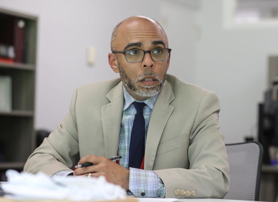 Nyack School District Superintendent Eudes Budhai speaks about recent racial slurs at the district office in Nyack on Thursday, May 19, 2022.