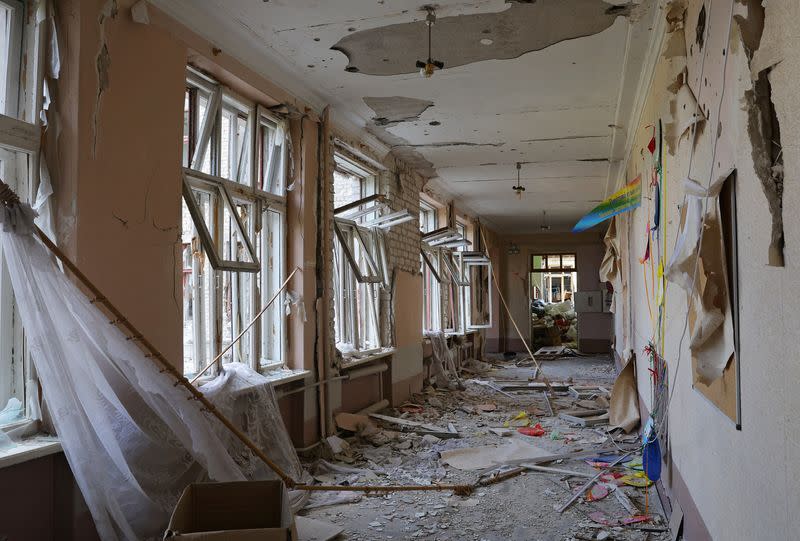 An interior view shows a damaged school building in Lysychansk