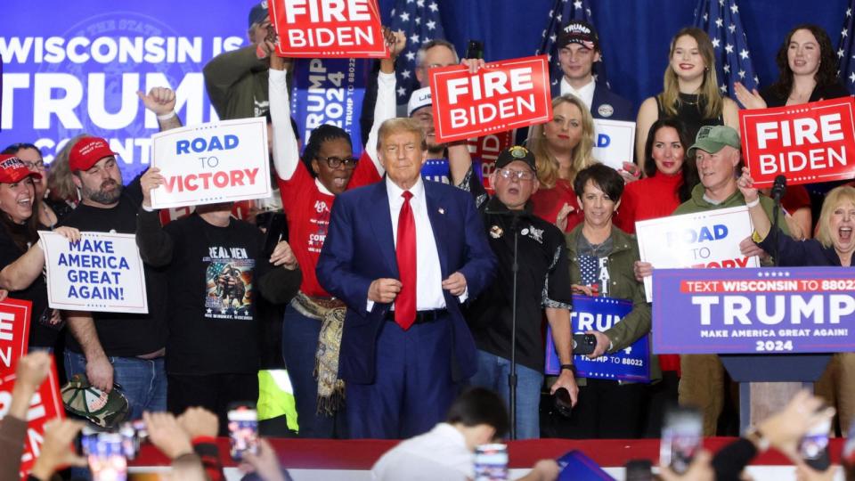 PHOTO: Former President and presidential hopeful Donald Trump looks on after speaking during a campaign rally in Green Bay, Wis., April 2, 2024.  (Alex Wroblewski/AFP via Getty Images)