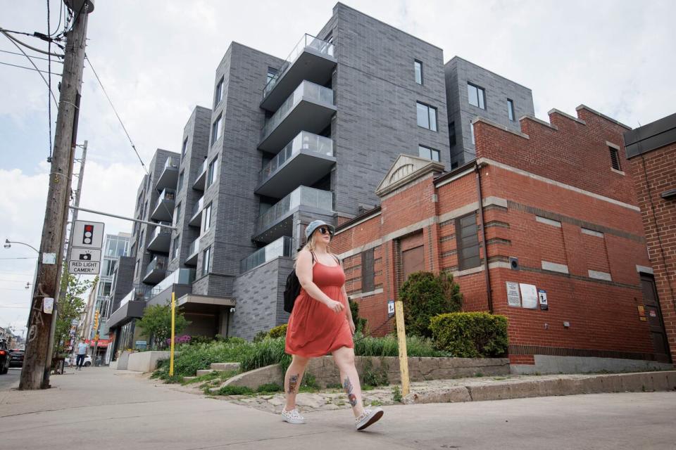 Low-rise apartment buildings in Toronto’s Beaches neighbourhood are pictured on May 22, 2024. Toronto's city council greenlit a plan to allow townhouses and small apartment buildings on major streets throughout the city on Thursday. (Evan Mitsui/CBC - image credit)