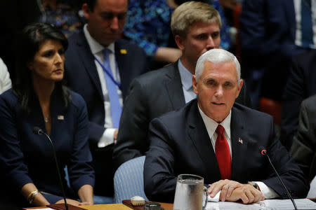 U.S. Vice President Mike Pence speaks during a meeting of the Security Council to discuss peacekeeping operations during the 72nd United Nations General Assembly at U.N. headquarters in New York, U.S., September 20, 2017. REUTERS/Lucas Jackson