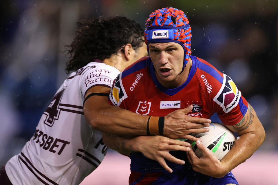 Seen here, Kalyn Ponga in action for the Knights against Manly in the NRL.