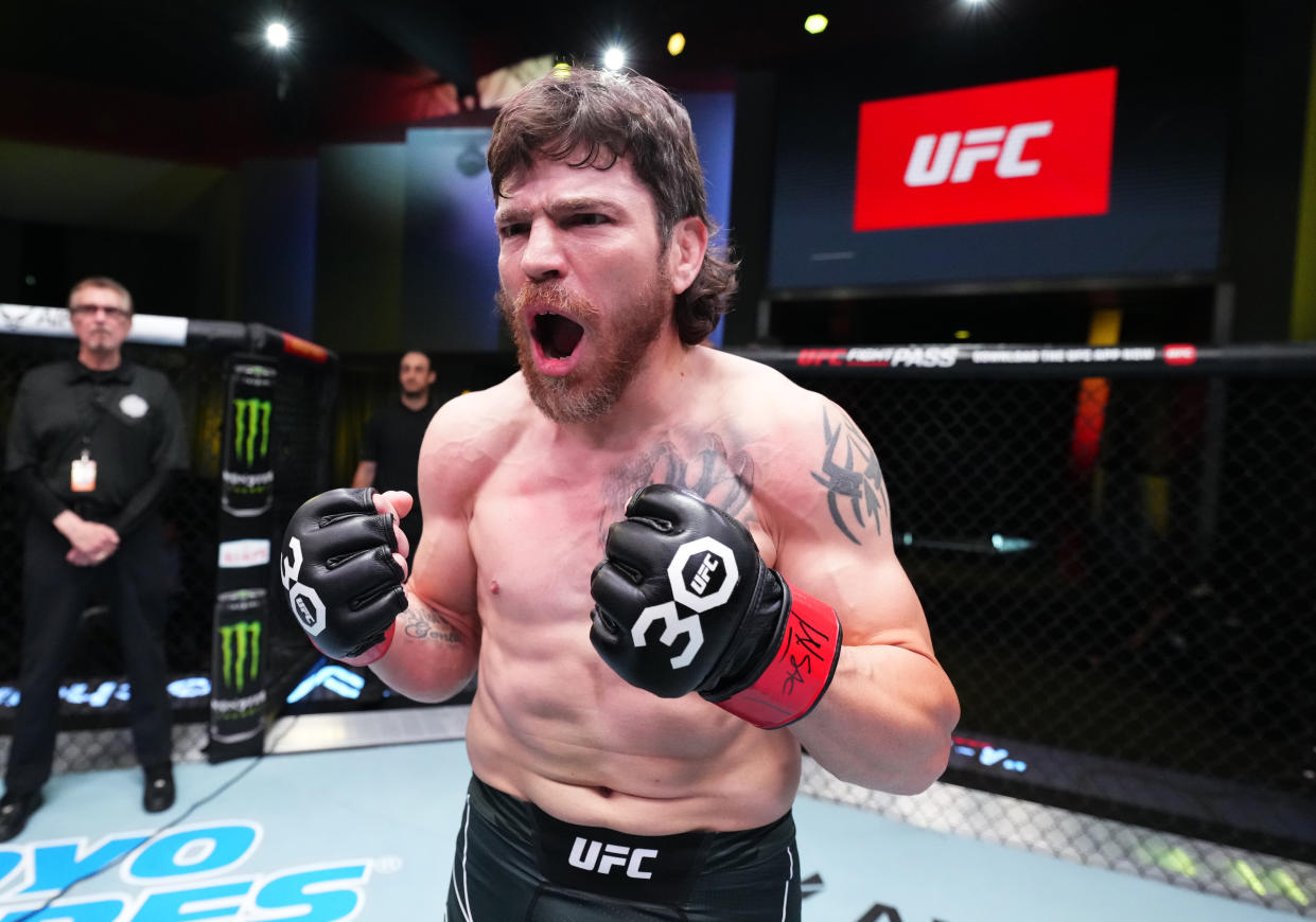 LAS VEGAS, NEVADA - JUNE 03: Jim Miller reacts after his knockout victory over Jesse Butler in a lightweight bout during the UFC Fight Night event at UFC APEX on June 03, 2023 in Las Vegas, Nevada. (Photo by Chris Unger/Zuffa LLC via Getty Images)