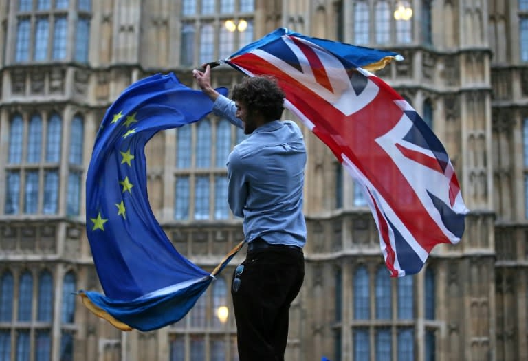 A man waves both a Union flag and a European flag outside the Houses of Parliament at an anti-Brexit protest in central London on June 28, 2016shortly after the referendum ended with a British vote to leave the EU