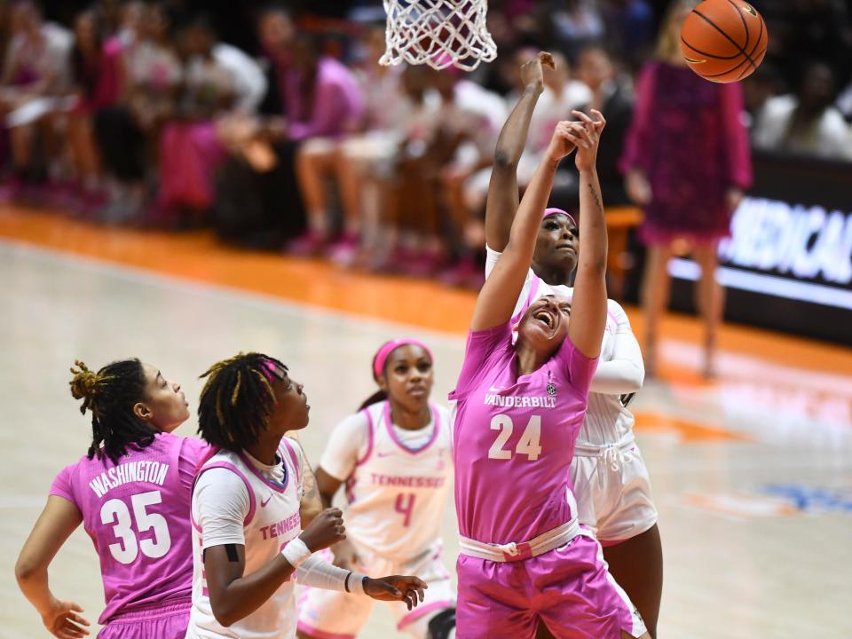 Tennessee's Rickea Jackson (far right) battles for the rebound against Vanderbilt.