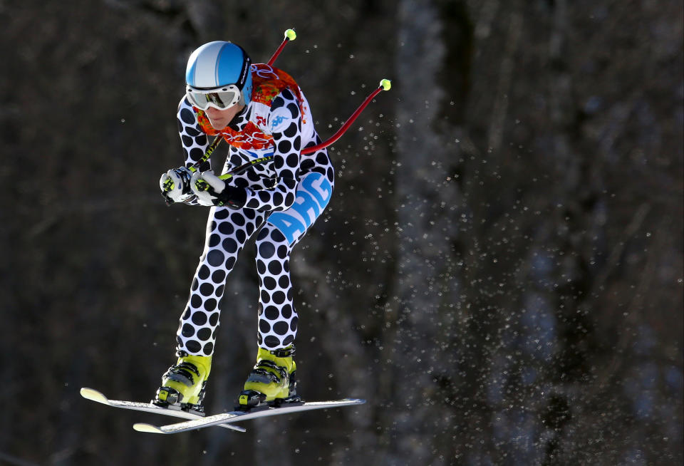 Argentina's Macarena Simari Birkner makes a jump during the women's downhill at the Sochi 2014 Winter Olympics, Wednesday, Feb. 12, 2014, in Krasnaya Polyana, Russia. 