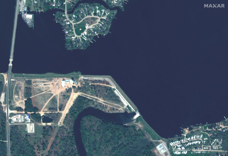 A satellite image shows a view of the Edenville dam before it breaks in Beaverton, Michigan