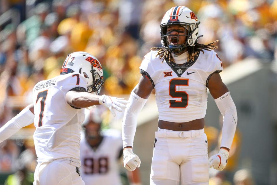 Could Oklahoma State safety Kendal Daniels (5) elevate his game even more in Bryan Nardo's new defense?